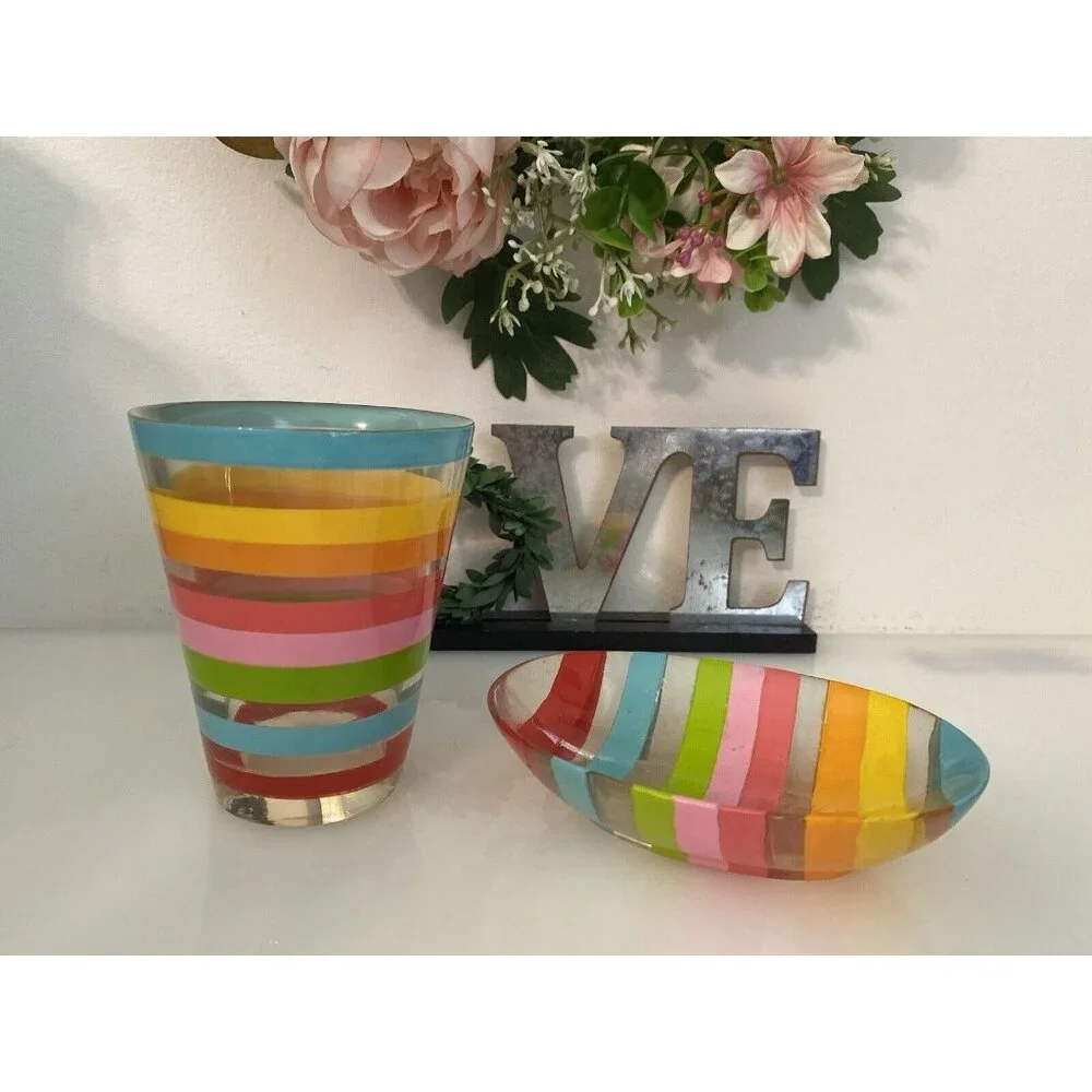 Vintage 1970s Retro Acrylic Rainbow Bathroom Accessory Set Tumbler Soap Dish GUC